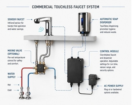 Touchless system hardware layout showing pump, power supply, tubing, filters, and service connections
